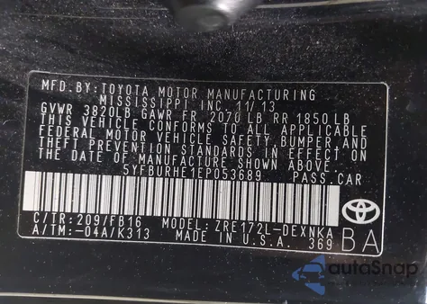 2014 Toyota Corolla Le из США, поврежденный, VIN 5YFBURHE1EP053689